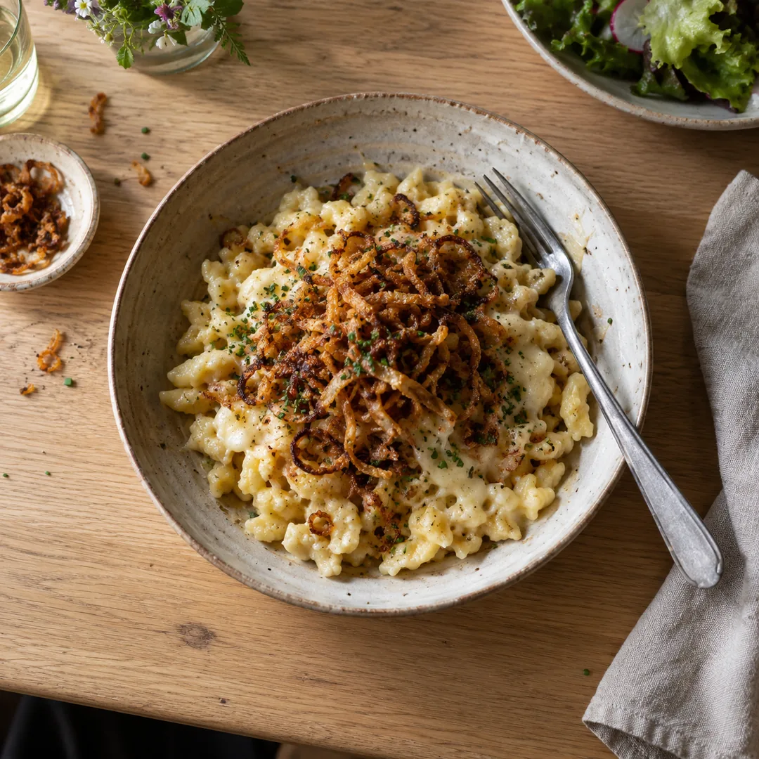 A plate of cheese spätzle with fried onions on a wooden table