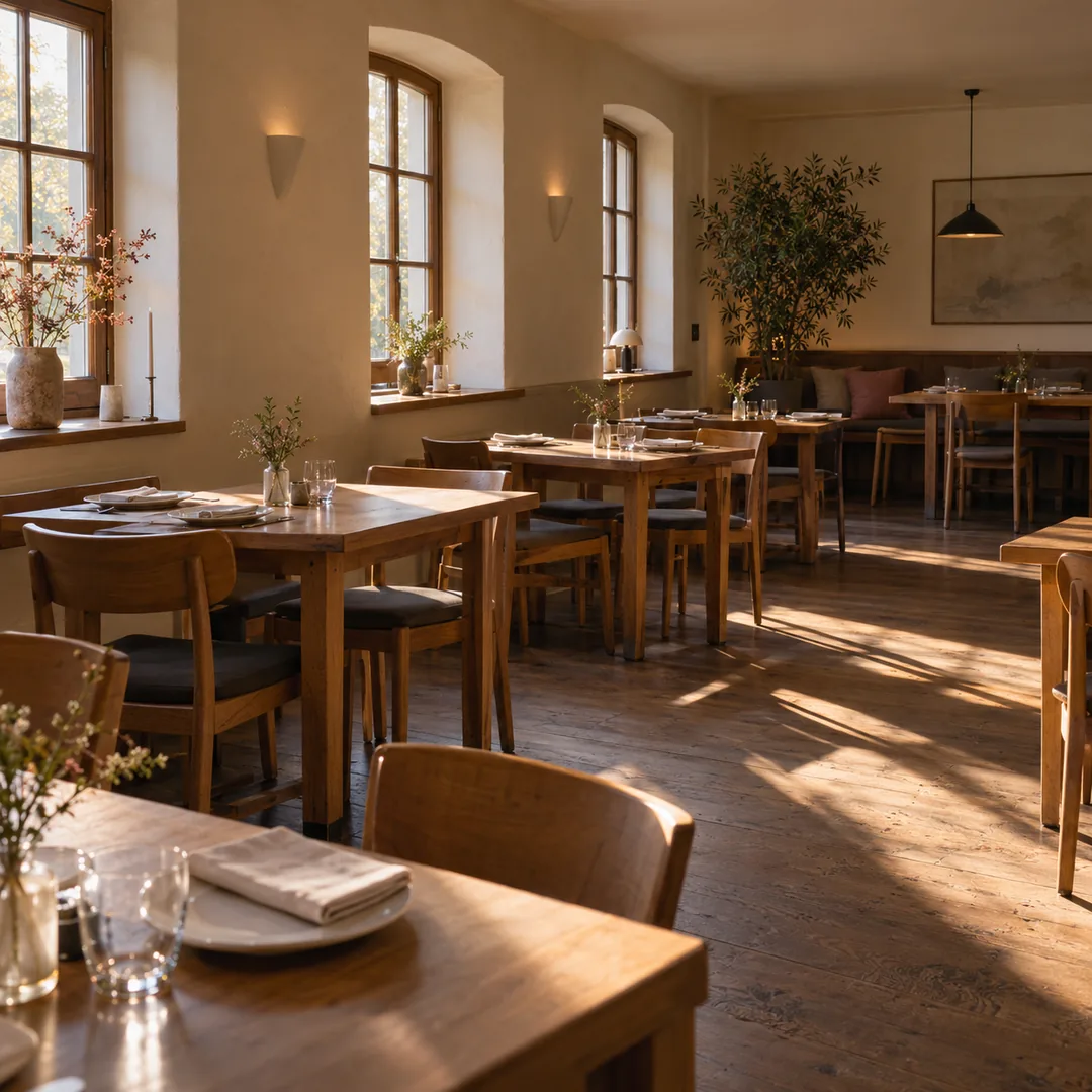 The dining room in the afternoon, tables laid