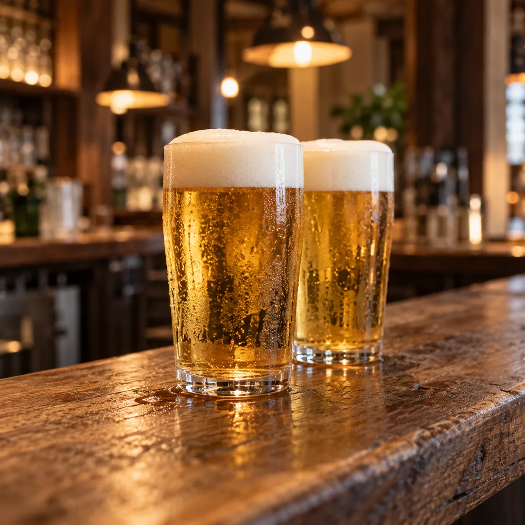 Two glasses of beer on the counter