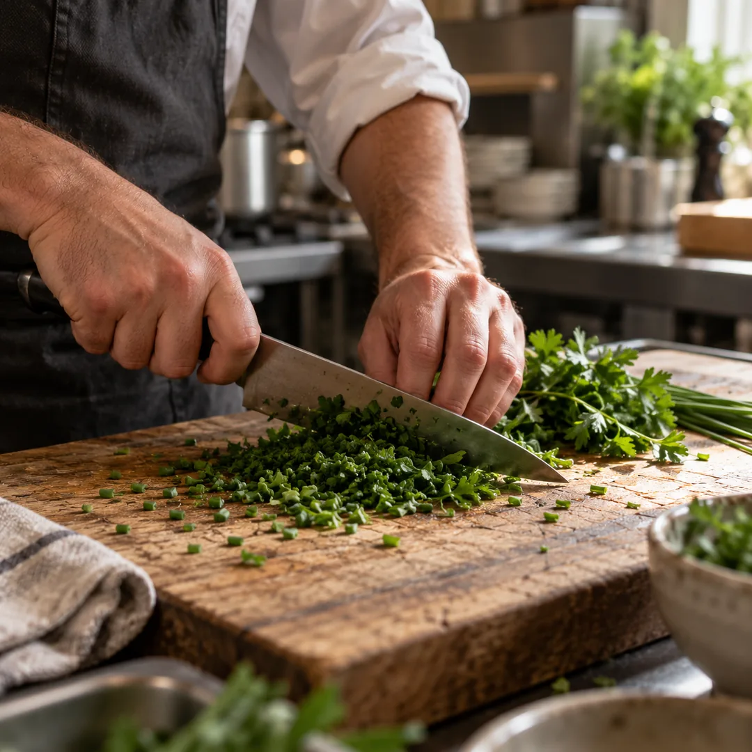 Hands chopping herbs in the kitchen