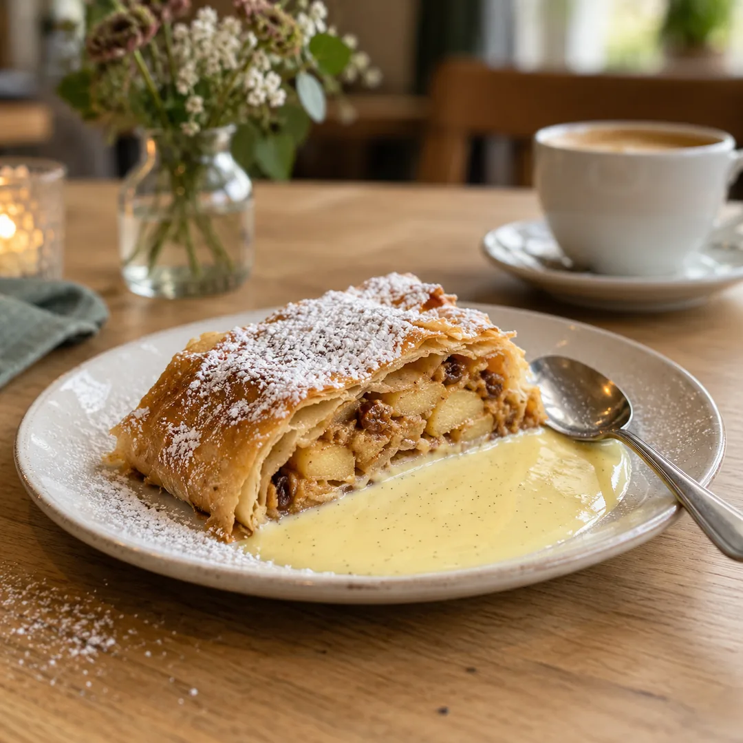An apple strudel with vanilla sauce, dusted with sugar