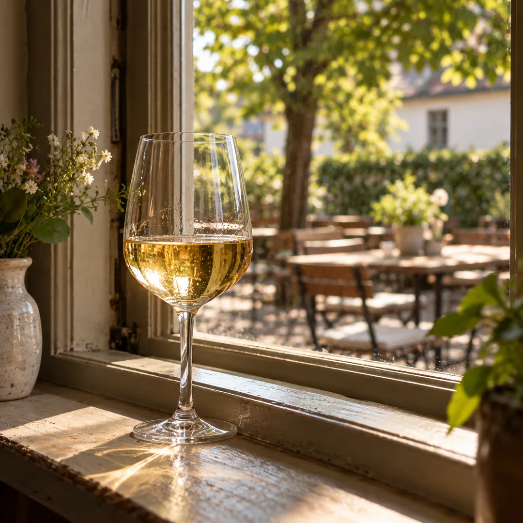 A glass of white wine on a windowsill