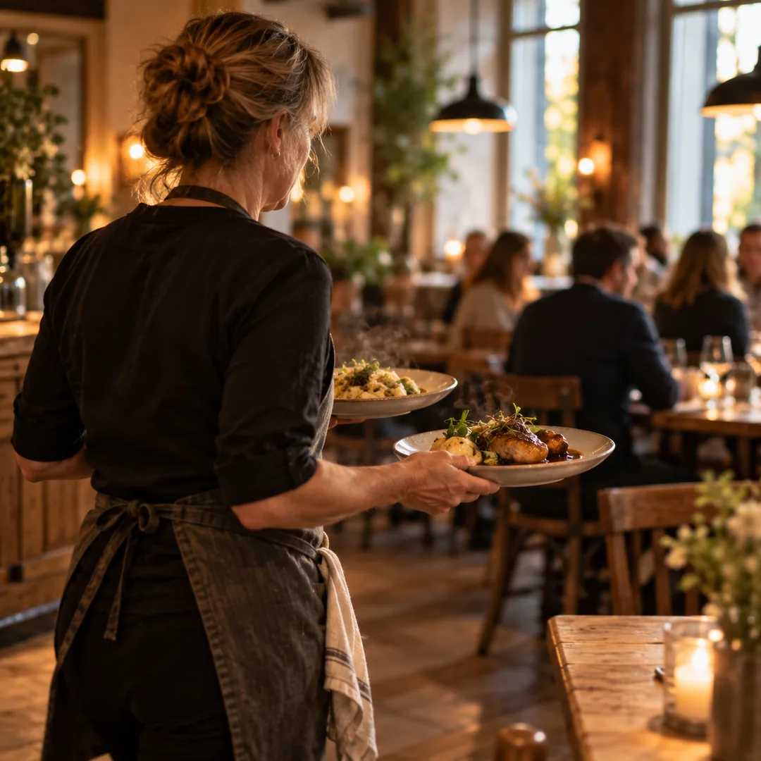 A landlady carries two plates through the dining room