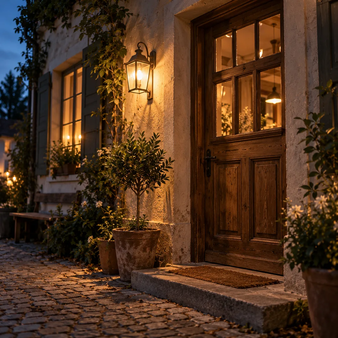 The tavern's front door in the evening