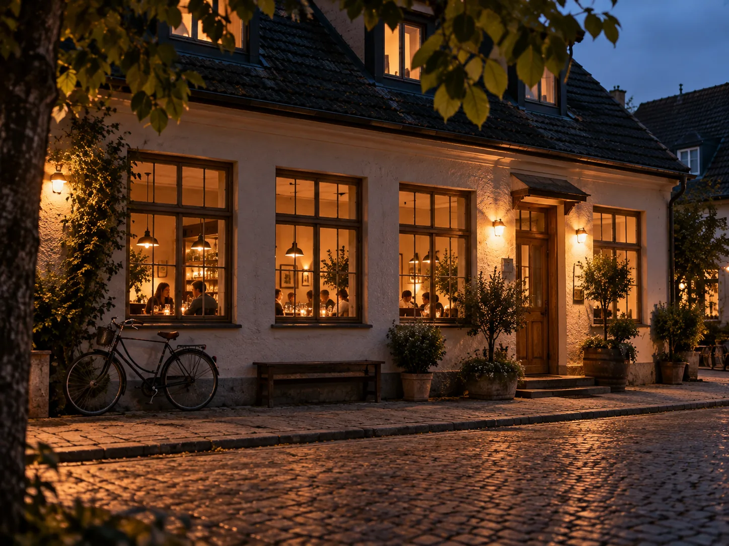 A restaurant in the evening, seen from the street