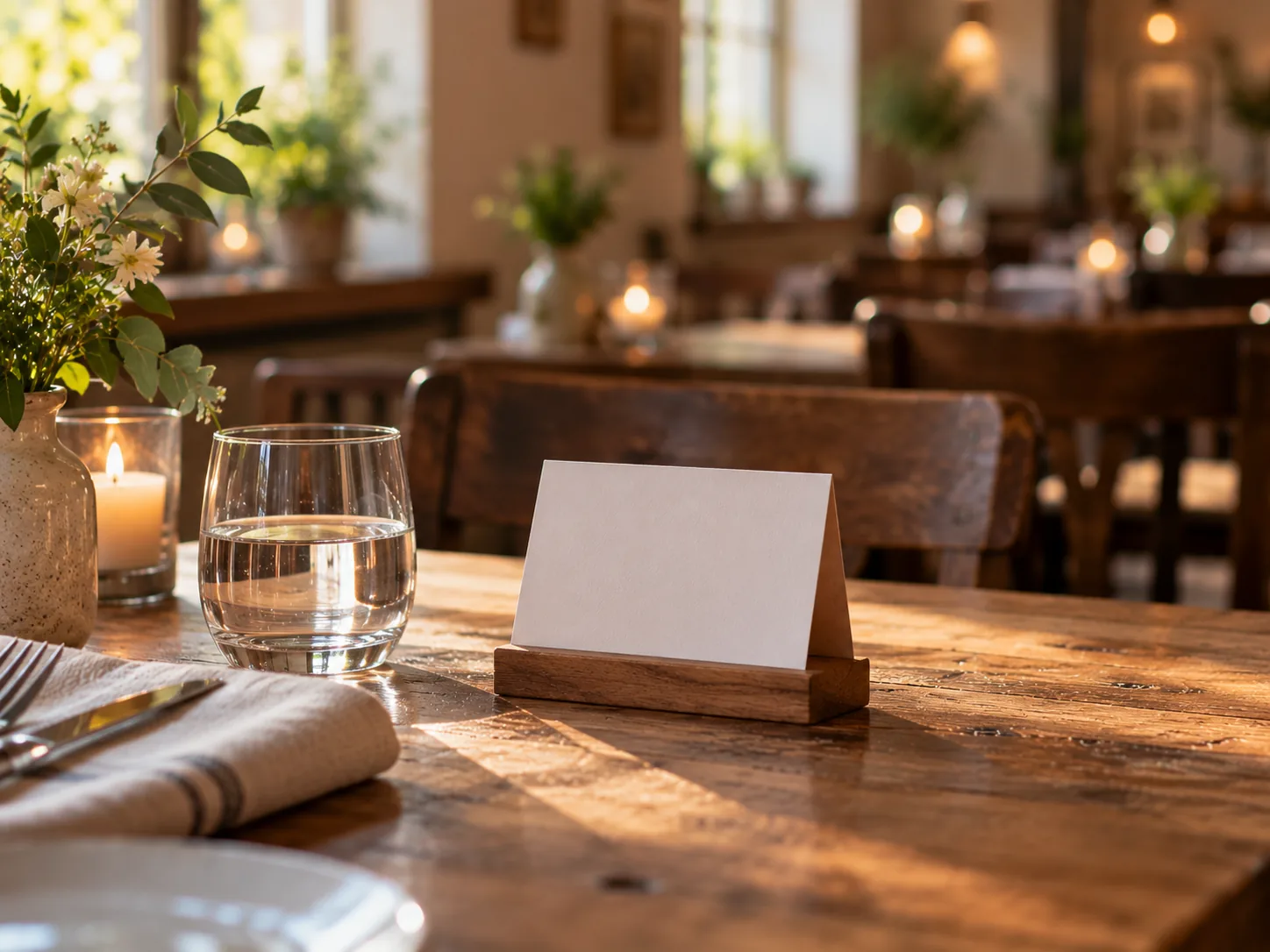 Ein Tischaufsteller auf einem Restauranttisch